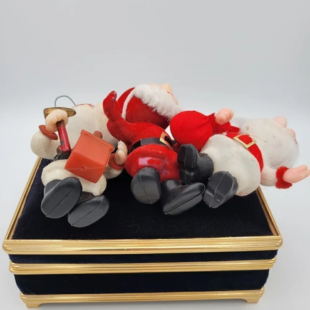 Adorable Trio of Vintage Flocked Santa & Santa's Helpers Elves Ornaments